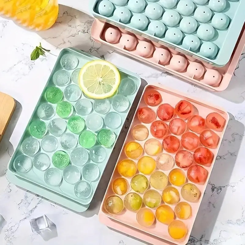 New 33 Grid Round Ice Cube Tray with Lid – Plastic Ice Box, Ice Ball Maker Mold for Freezer,