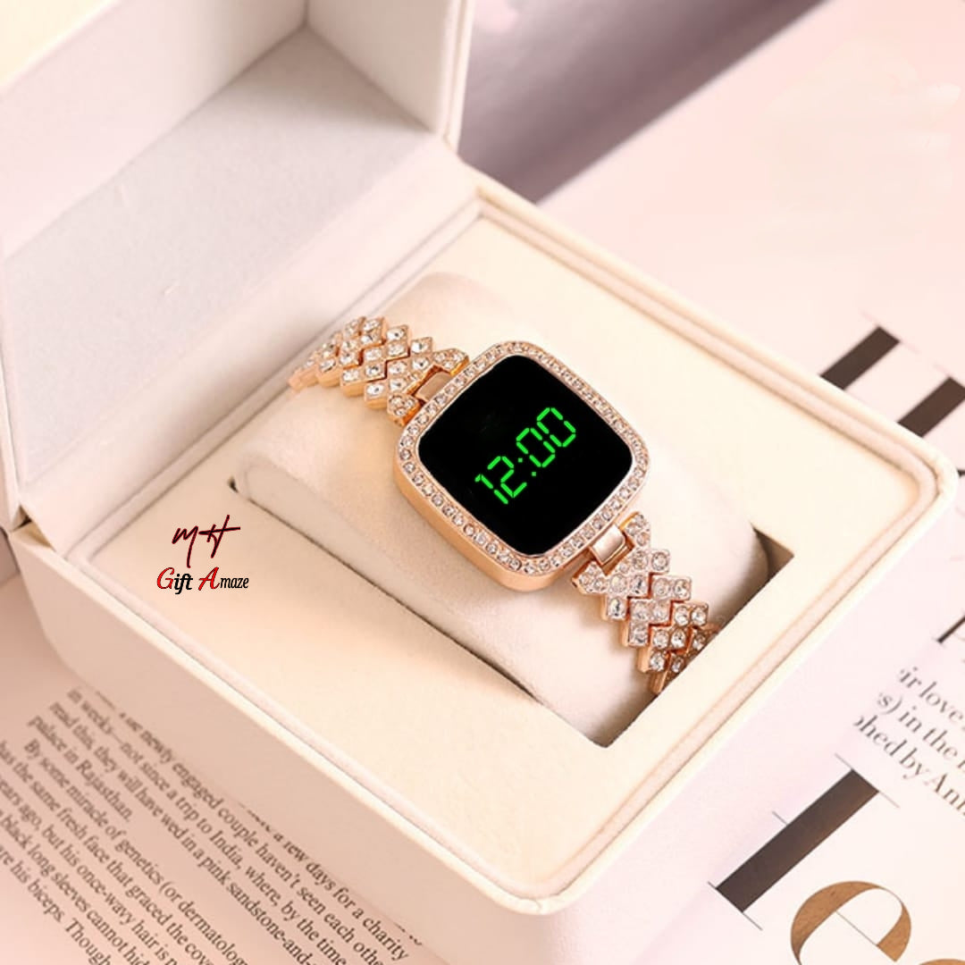 Full Diamond Touch Screen LED Watch For Girl | Steel Chain With Diamond Ladies Watch