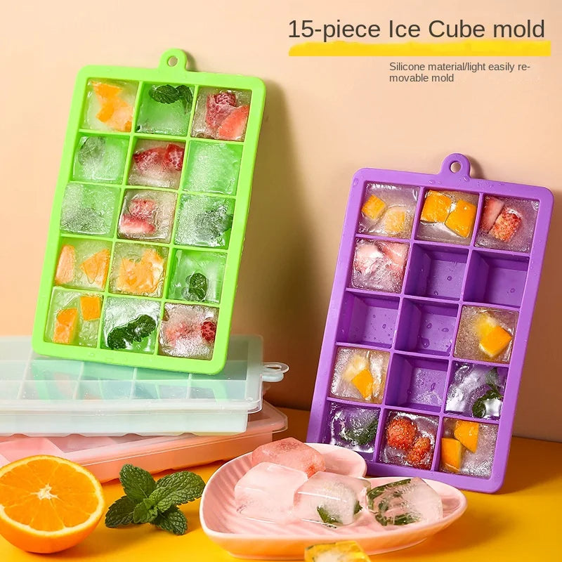 New Ice Tray Silicone 15 Grid Square Shape Reusable Ice Cube Mold for Kitchen Freezer