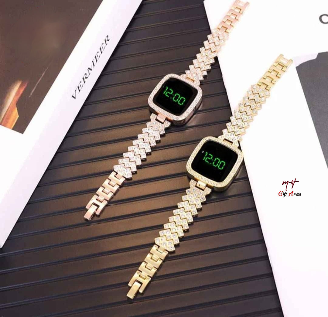 Full Diamond Touch Screen LED Watch For Girl | Steel Chain With Diamond Ladies Watch