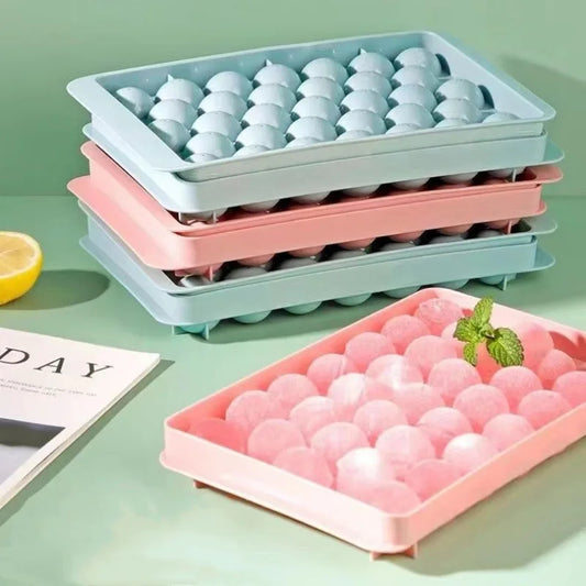 New 33 Grid Round Ice Cube Tray with Lid – Plastic Ice Box, Ice Ball Maker Mold for Freezer,