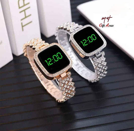 Full Diamond Touch Screen LED Watch For Girl | Steel Chain With Diamond Ladies Watch